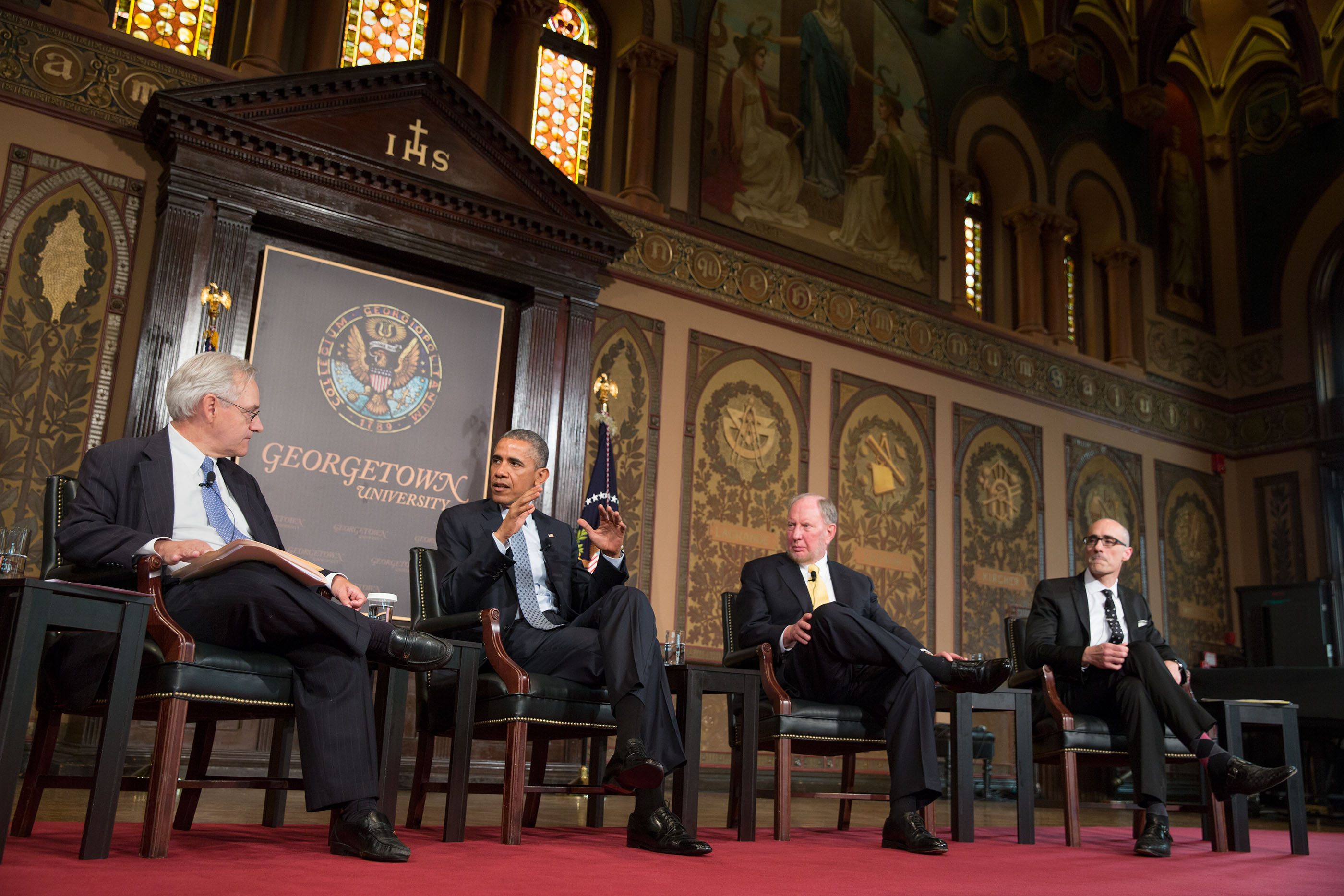 President Barack Obama participates in a discussion about poverty during the Catholic-Evangelical Leadership Summit on Overcoming Poverty