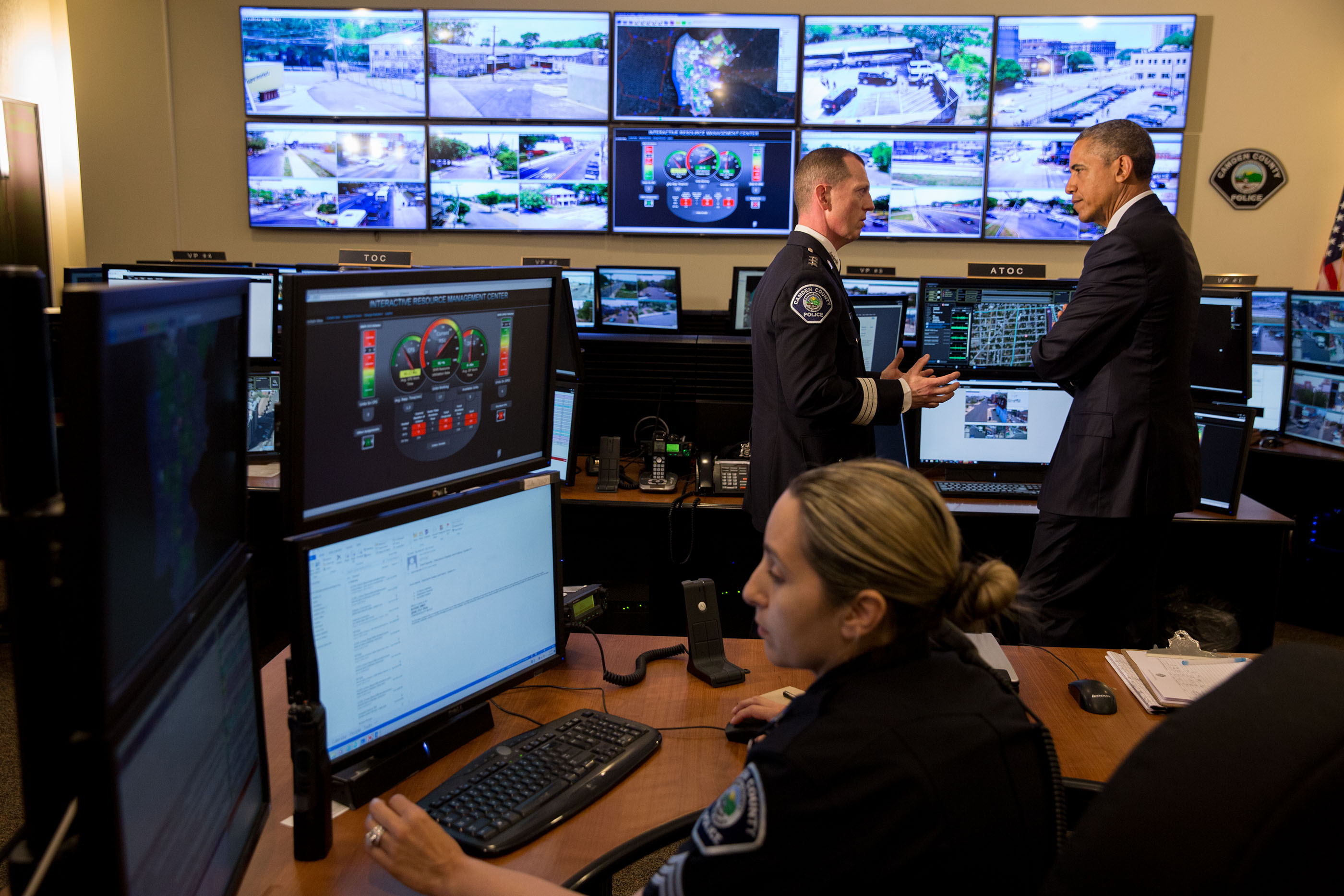 President Obama takes a tour of the Real Time Tactical Operational Intelligence Center at Camden County Police Headquarters in Camden, N.J.