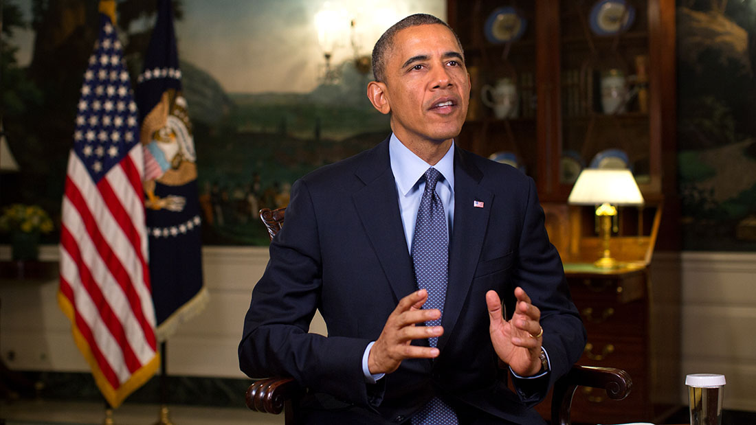 President Barack Obama tapes the Weekly Address in the Diplomatic Reception Room of the White House, May 22, 2014.