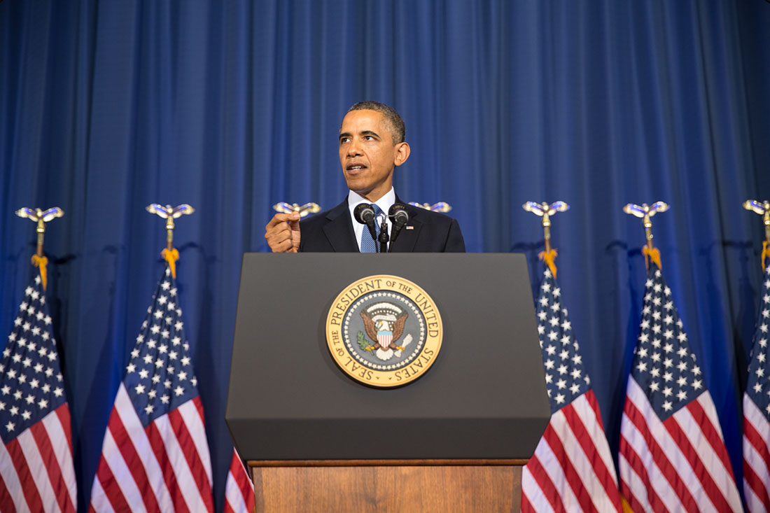 President Barack Obama delivers a speech at the National Defense University