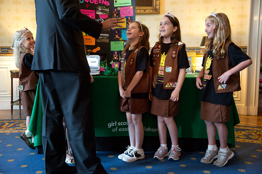 President Barack Obama talks with Brownies from Girl Scout Troop 2612 from Tulsa, Okla., during the 2014 White House Science Fair