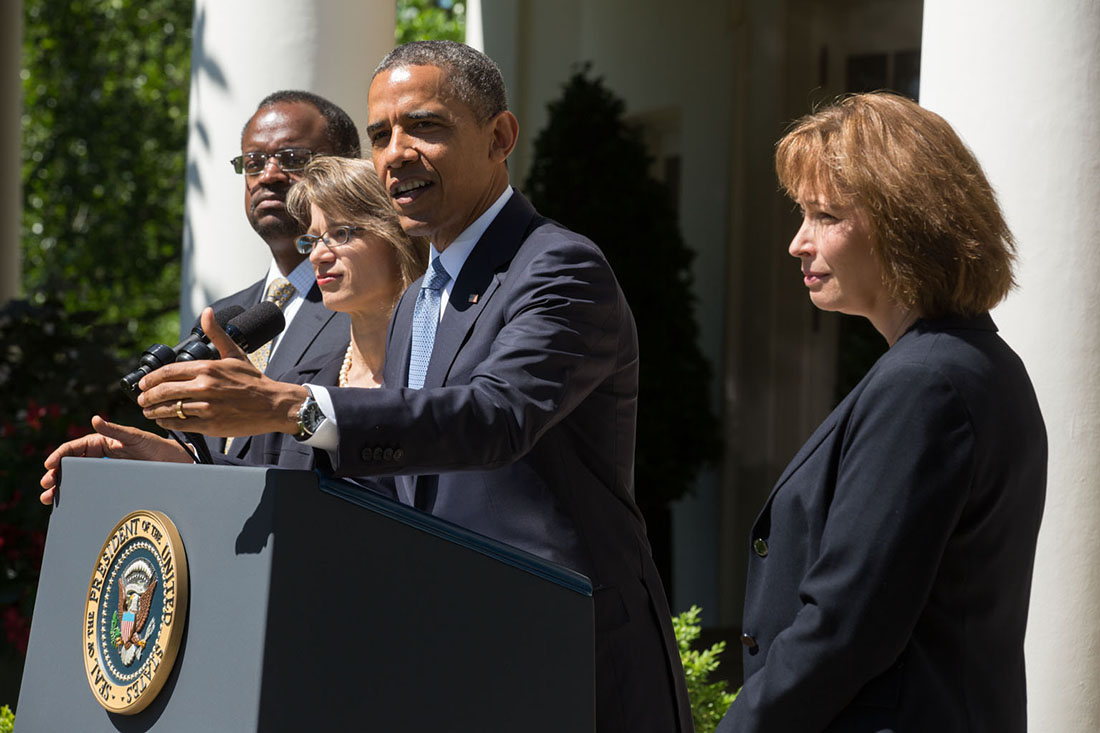 President Barack Obama delivers a statement announcing the nomination of three candidates for the U.S. Court of Appeals for the District of Columbia Circuit