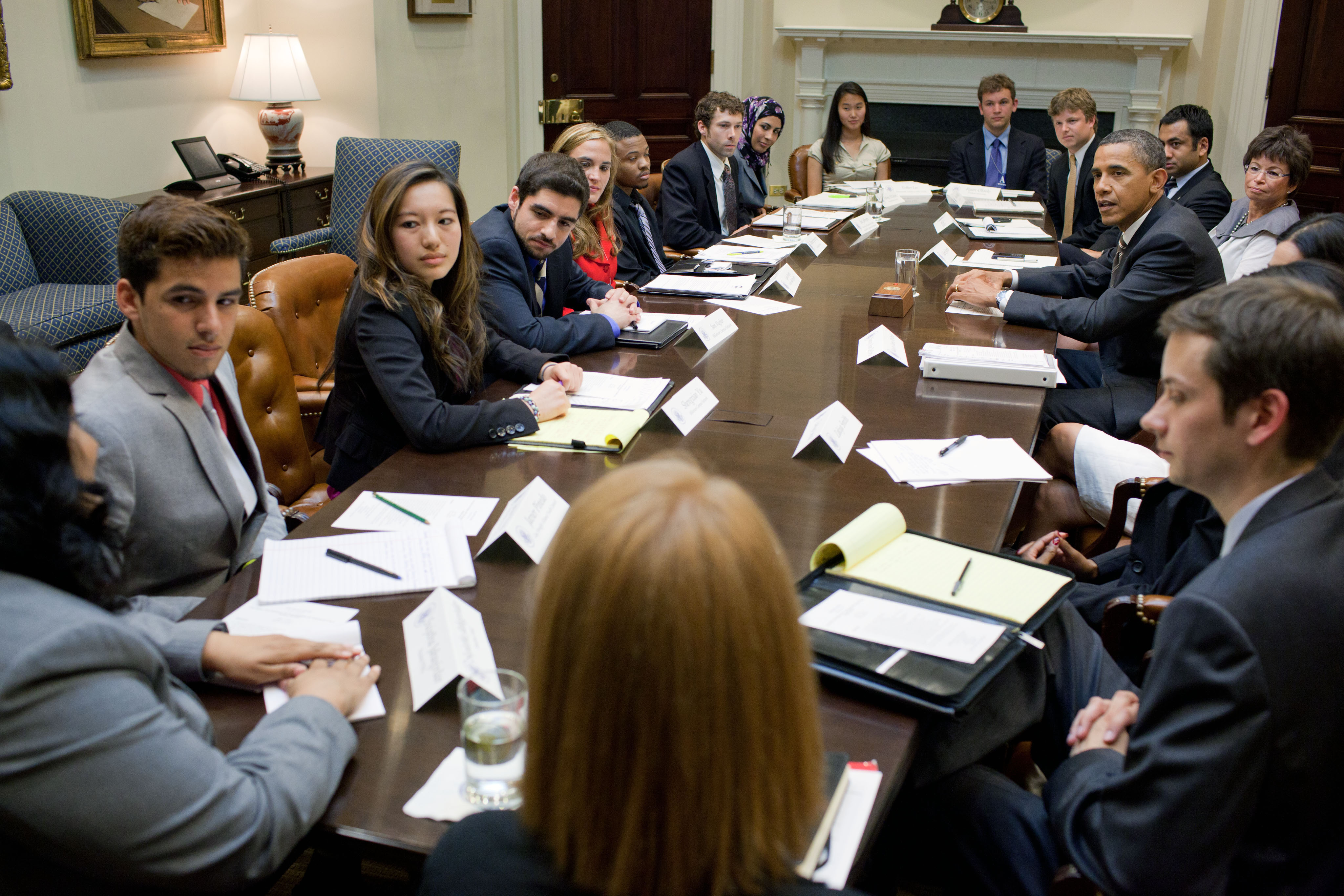 President Barack Obama drops by a meeting with young leaders 