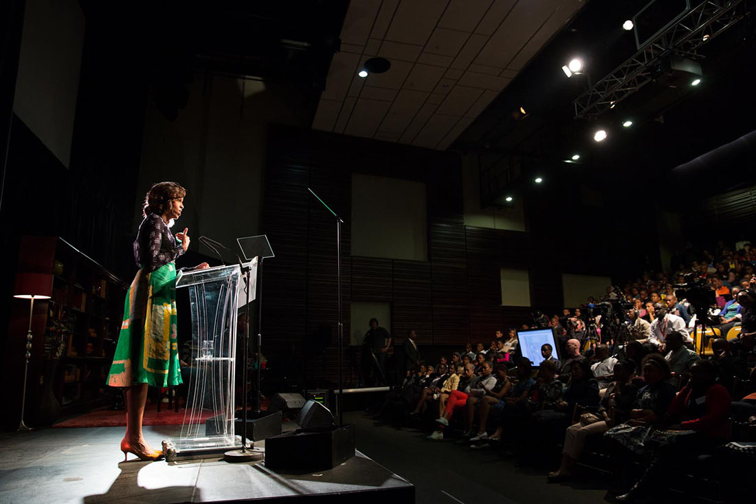 First Lady Michelle Obama delivers remarks during a Google + Hangout on education at the Sci Bono Discovery Center