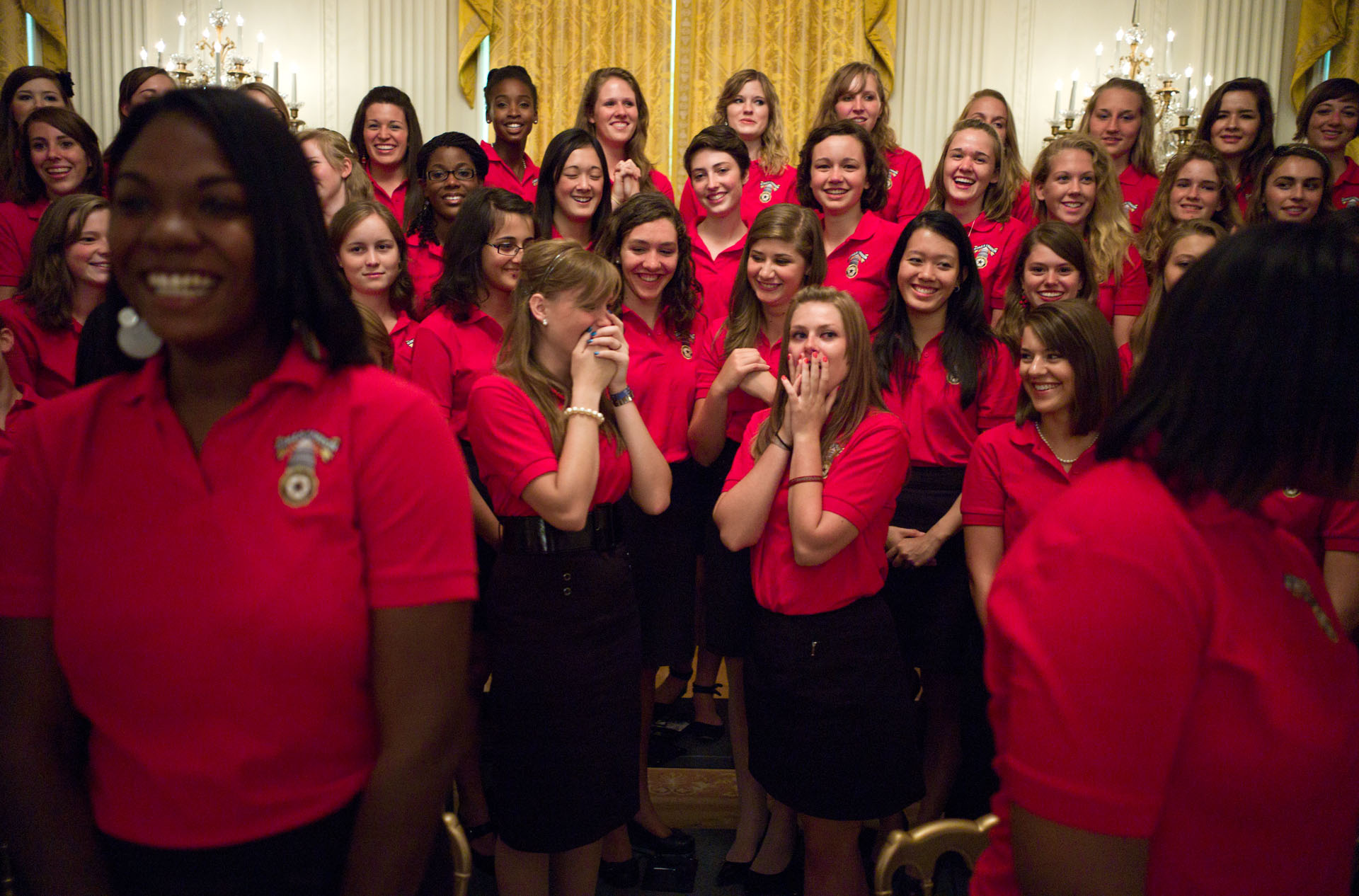 Members Of The American Legion's Girls Nation React After Meeting President Barack Obama
