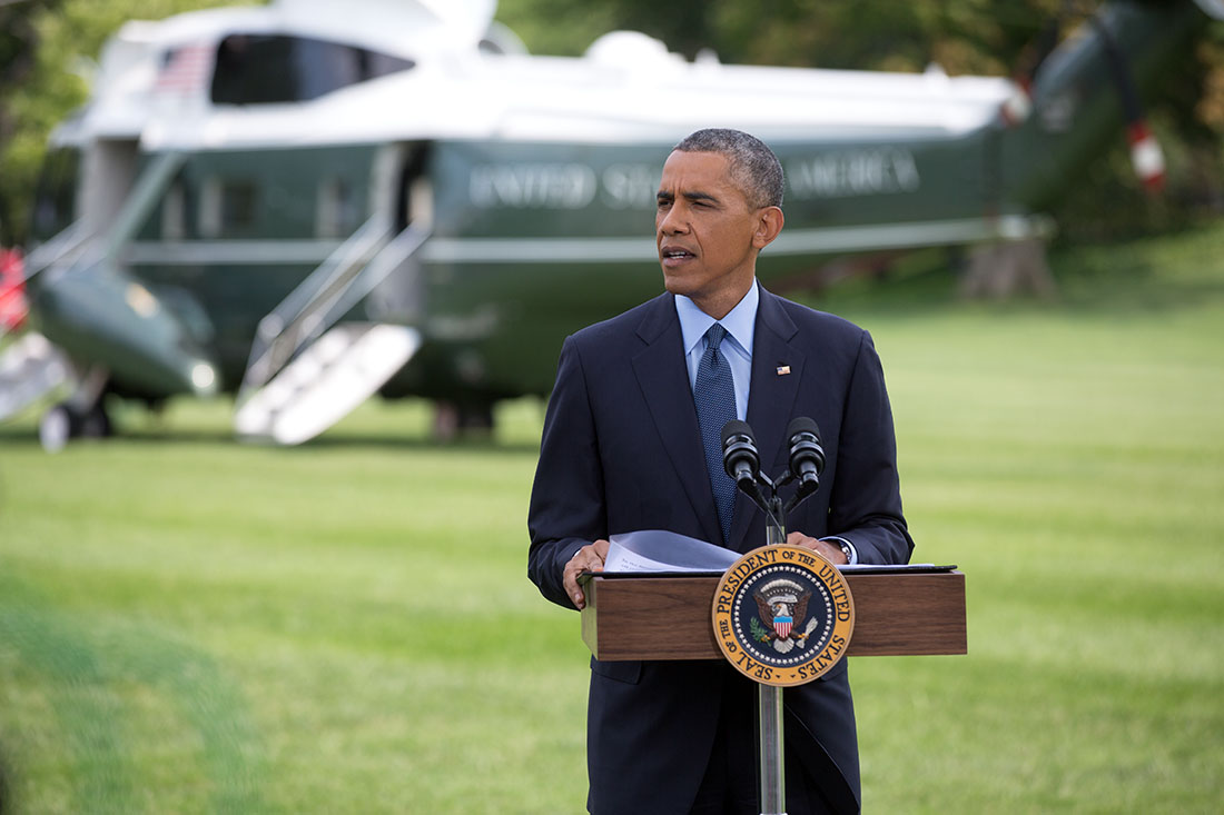 President Barack Obama delivers a statement on the situation in Ukraine, on the South Lawn of the White House, July 29, 2014