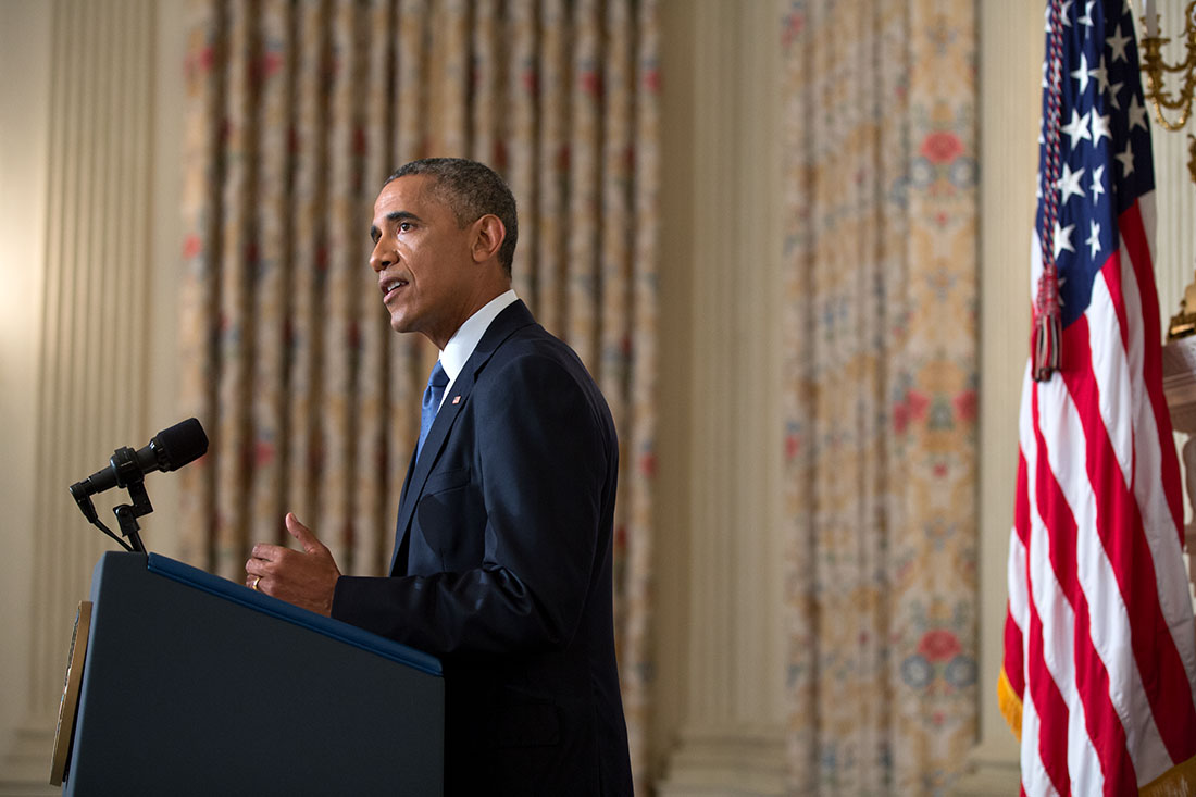 President Barack Obama delivers a statement on Iraq in the State Dining Room of the White House, Aug. 7, 2014.