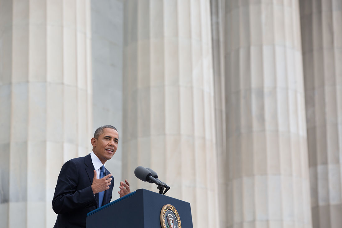 President Barack Obama delivers remarks at the Let Freedom Ring ceremony to commemorate the 50th anniversary of the historic March on Washington