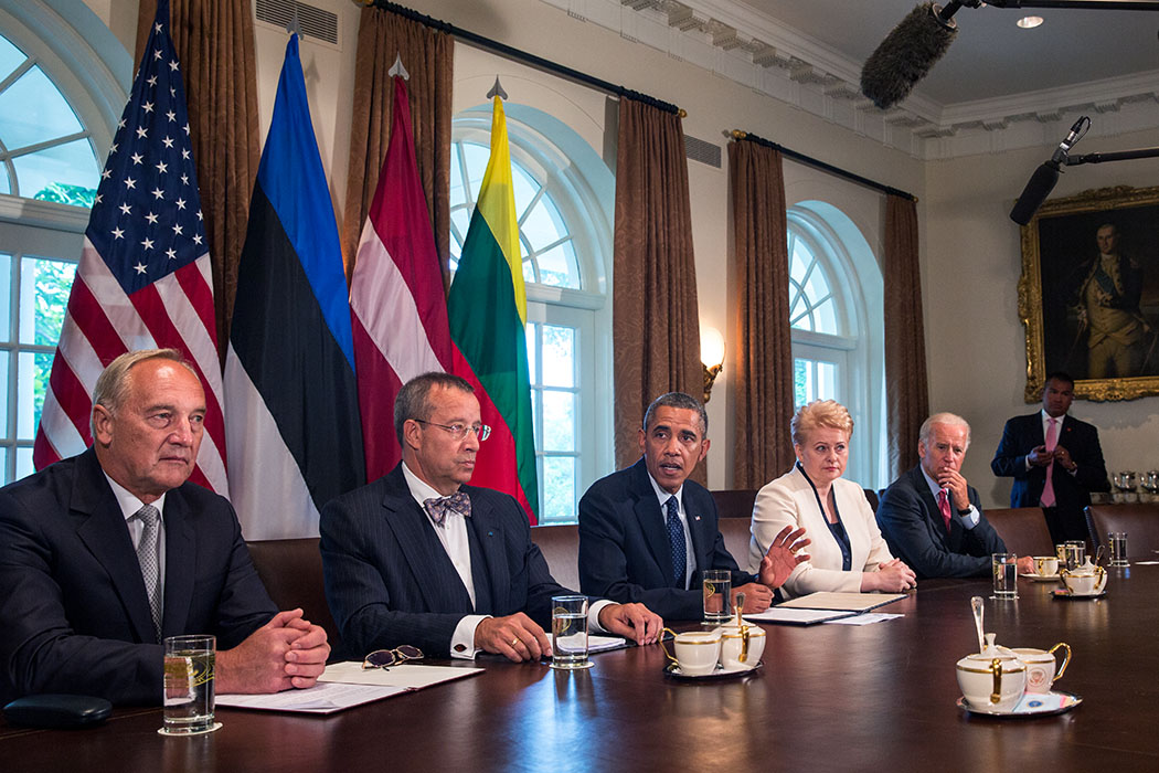 President Barack Obama, with Vice President Joe Biden, delivers a statement to the press before meeting with Baltic Leaders