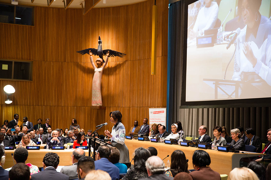 First Lady Michelle Obama delivers the special keynote address at the United Nations' Global Education First Initiative's high-level event at the U.N. Headquarters