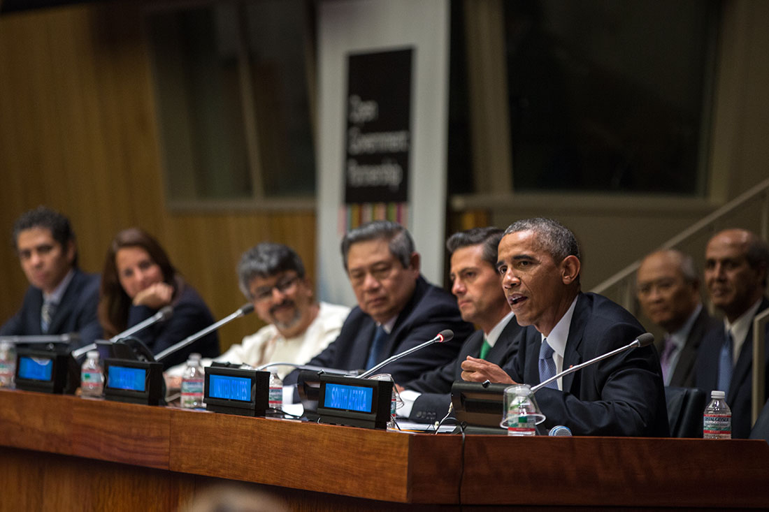 President Barack Obama delivers remarks during a meeting on the Open Government Partnership at the United Nations