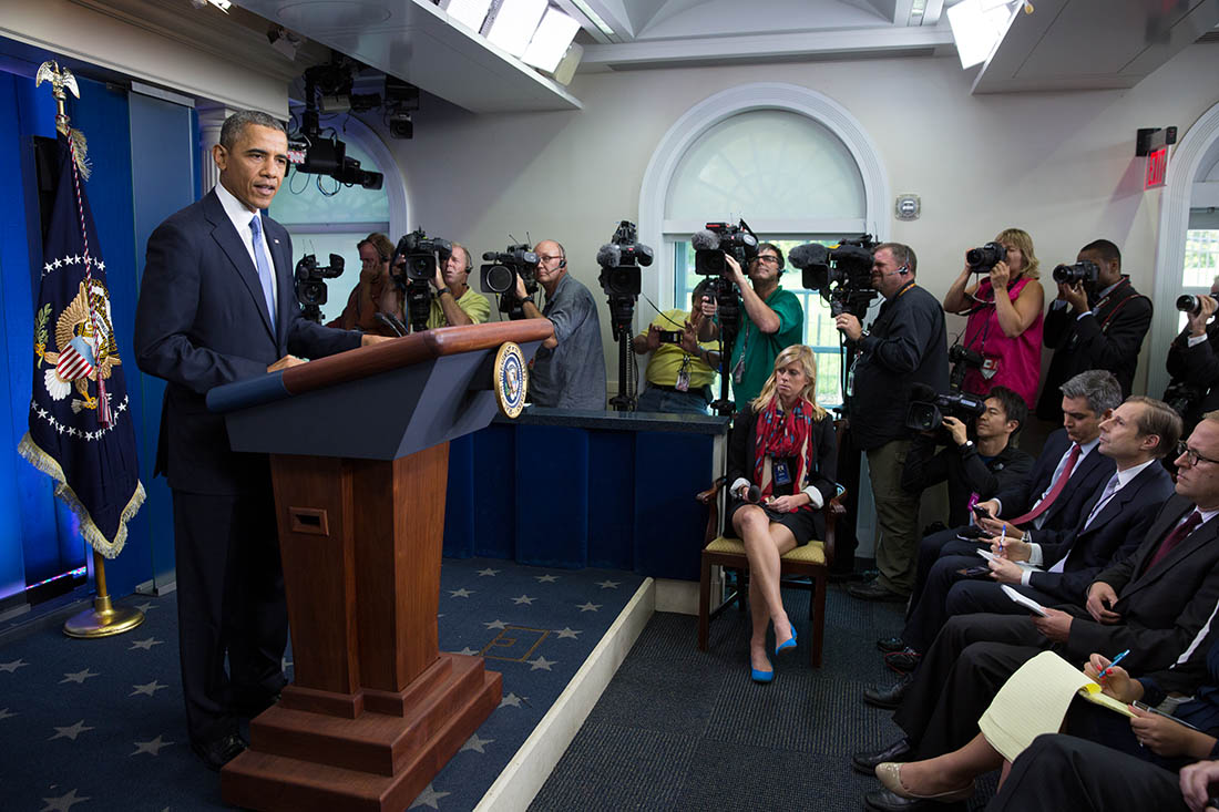 President Barack Obama delivers remarks on the budget negotiations, in the James S. Brady Press Briefing Room of the White House