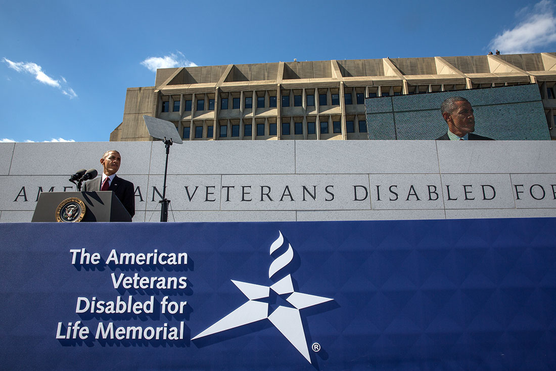 President Barack Obama delivers remarks during the dedication ceremony of the American Veterans Disabled for Life Memorial