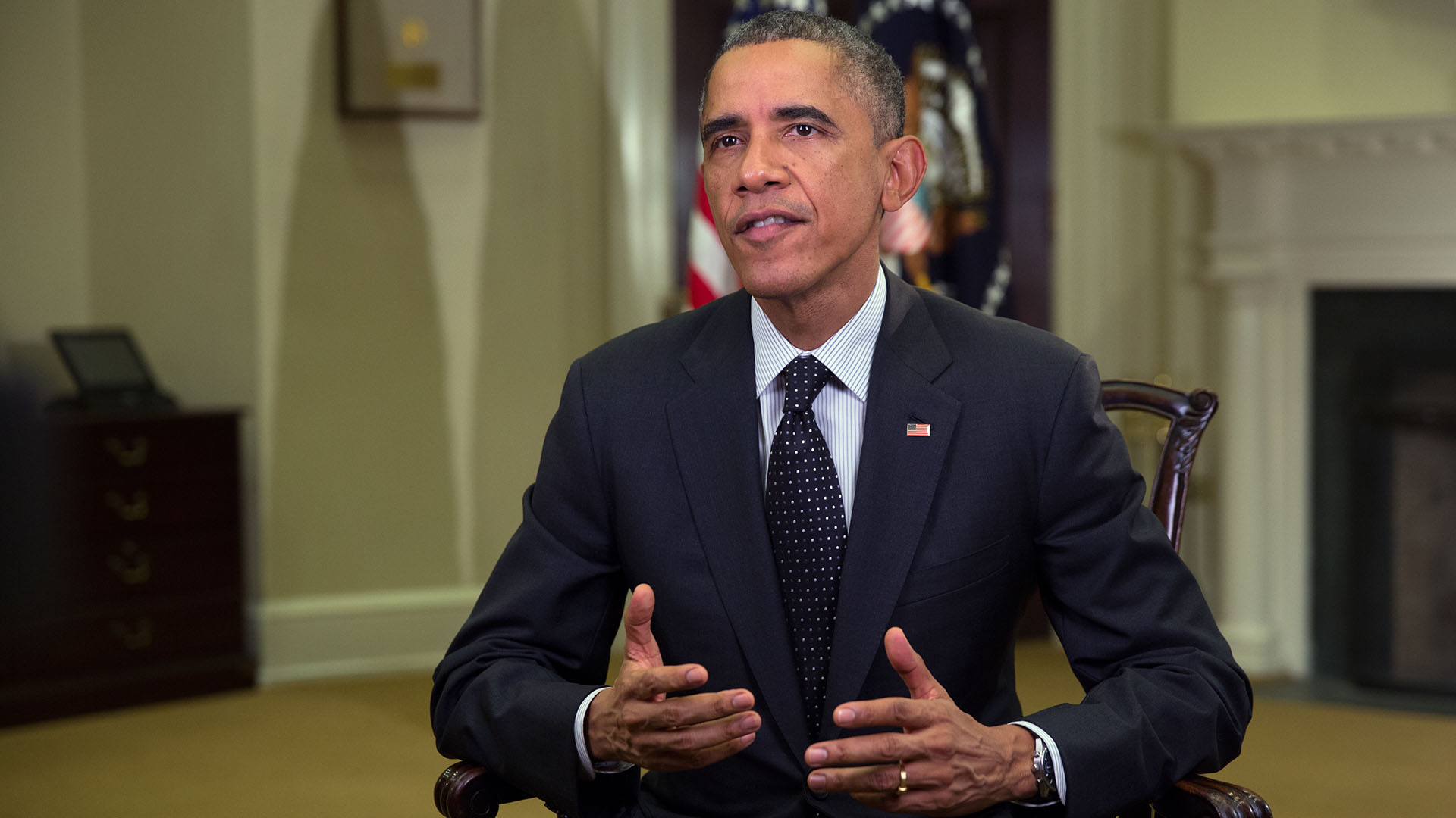 President Barack Obama tapes the Weekly Address in the Roosevelt Room of the White House, Nov. 6, 2014