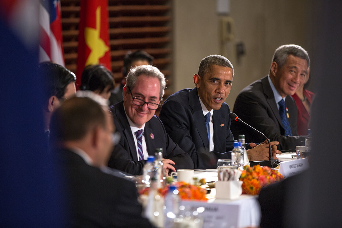 President Barack Obama delivers remarks during a TPP meeting at the U.S. Embassy in Beijing
