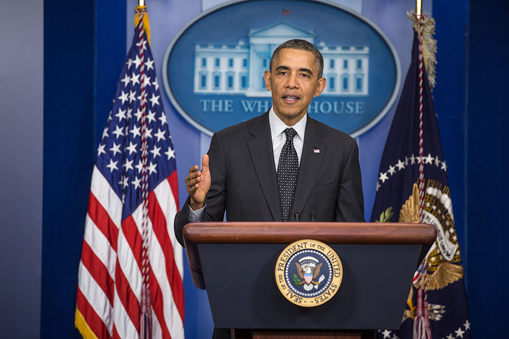 President Barack Obama delivers a statement on Senate filibuster rules, in the James S. Brady Press Briefing Room of the White House, Nov. 21, 2013. 