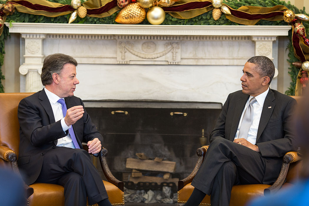 President Barack Obama holds a bilateral meeting with President Juan Manuel Santos of Colombia