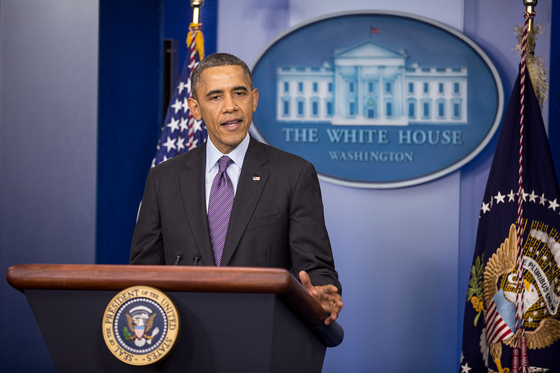 President Barack Obama delivers a statement on the passing of Nelson Mandela, in the James. S. Brady James S. Brady Press Briefing Room of the White House, Dec. 5, 2013.