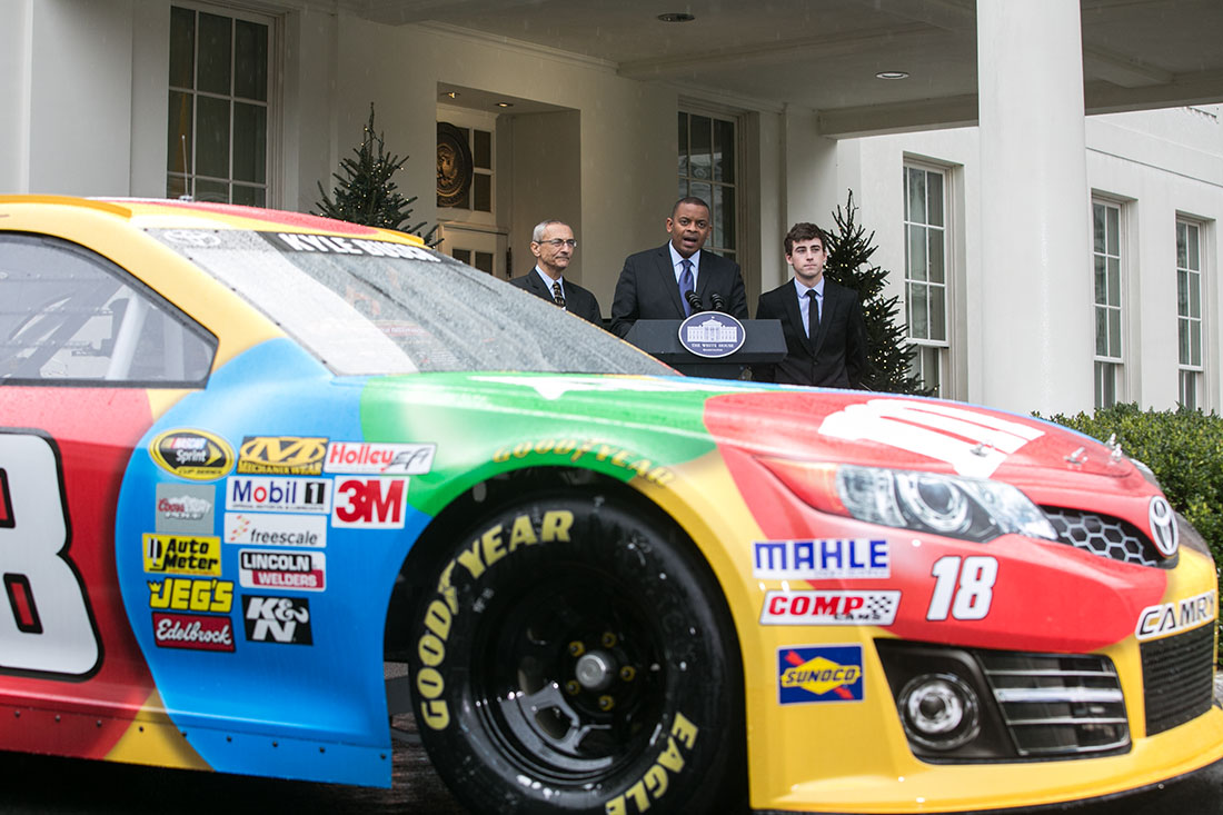 Secretary Foxx and John Podesta announce with NASCAR driver Ryan Blaney a partnership to raise awareness of tire safety and actions to cut carbon pollution