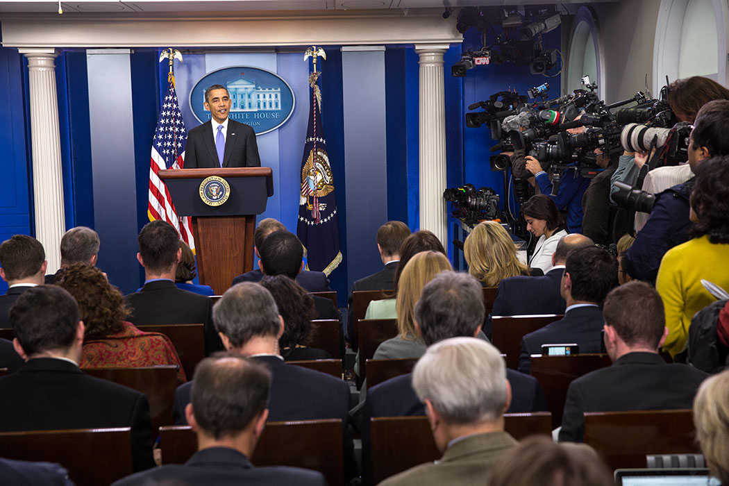 President Barack Obama holds a press conference in the James S. Press Briefing Room of the White House, Dec. 20, 2013.