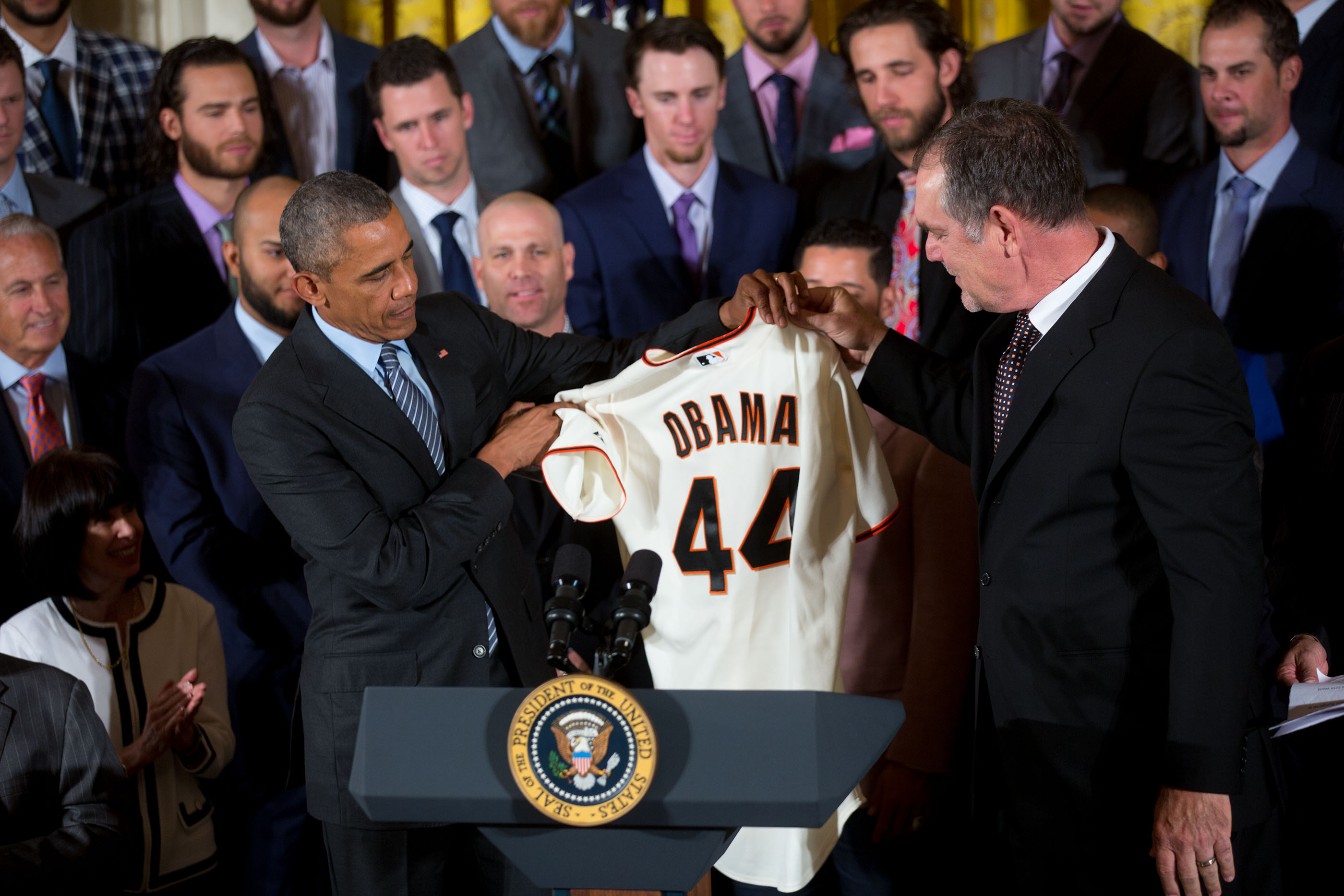 President Obama Holds a 2015 Giants Jersey 