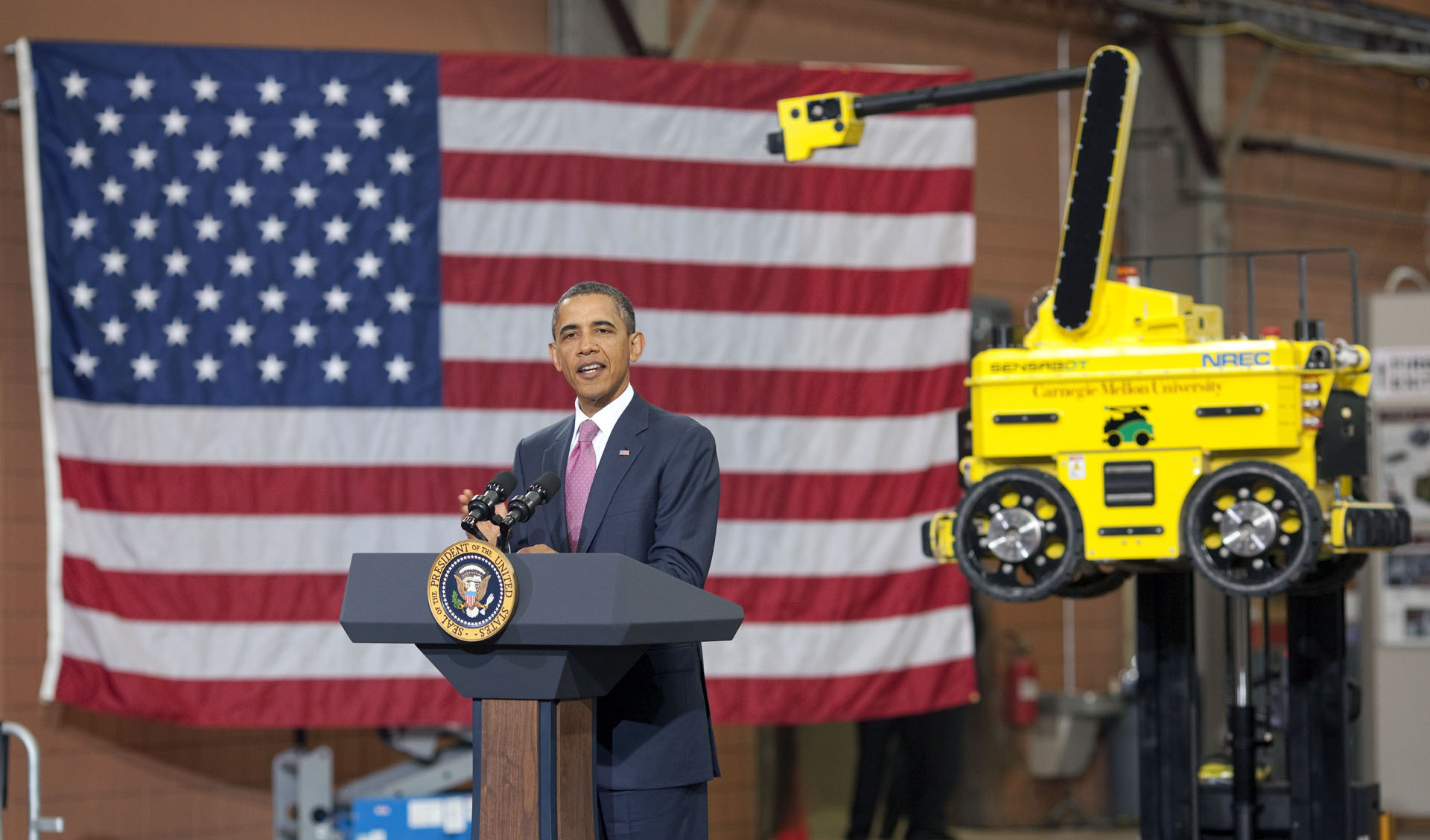President Barack Obama delivers remarks at the National Robotics Engineering Center (NREC) 