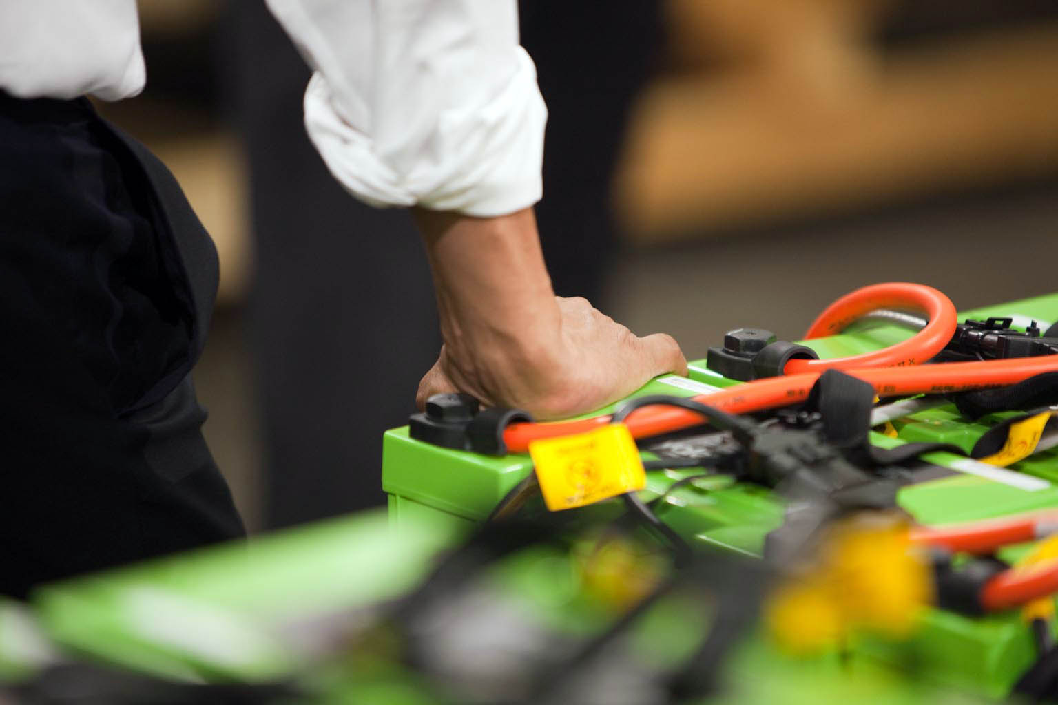 President Barack Obama's Hand on Rechargeable Batteries at Smith Electric Vehicles in Kansas City