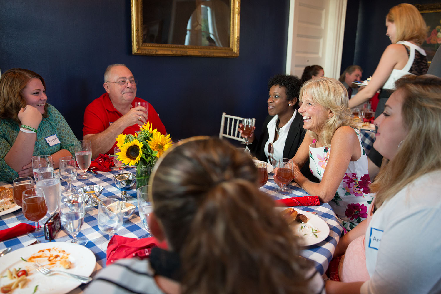 Dr. Jill Biden chats with attendees during a barbecue 