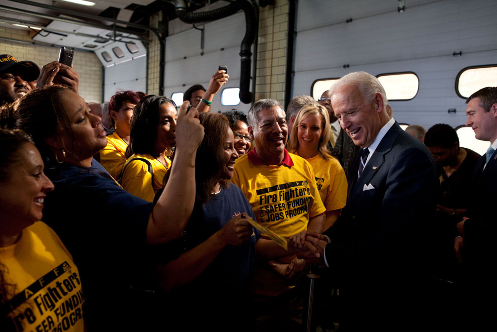 Vice President Joe Biden greets members of the audience after speaking in Flint, Michigan 