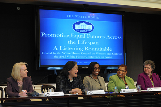 Nora Super, Tina Tchen, Nadina Gracia, Carolyn Colvin, and Kathy Greenlee speak at the White House
