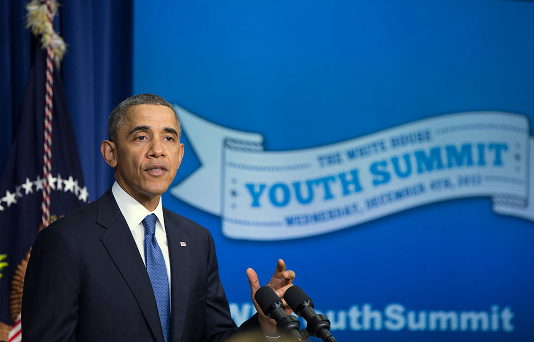 President Barack Obama delivers remarks at the White House Youth Summit on the Affordable Care Act (ACA) in the Eisenhower Executive Office Building South Court Auditorium, Dec. 4, 2013. (Official White House Photo by Pete Souza)