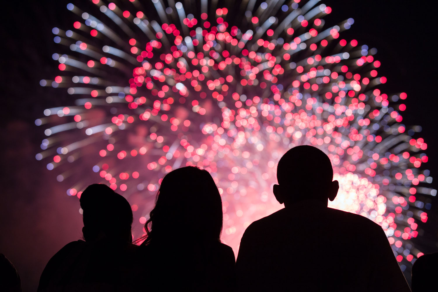 First Lady Michelle Obama, left, Malia Obama and President Barack Obama watch the Fourth of July fireworks from the roof of the White House.