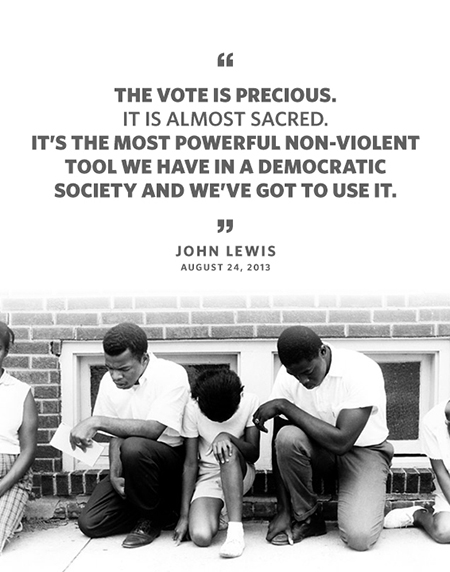 Quote: The vote is precious. It is almost sacred. It's the most powerful non-violent tool we have in a democratic society and we've got to use it. Byline: John Lewis August 24, 2014