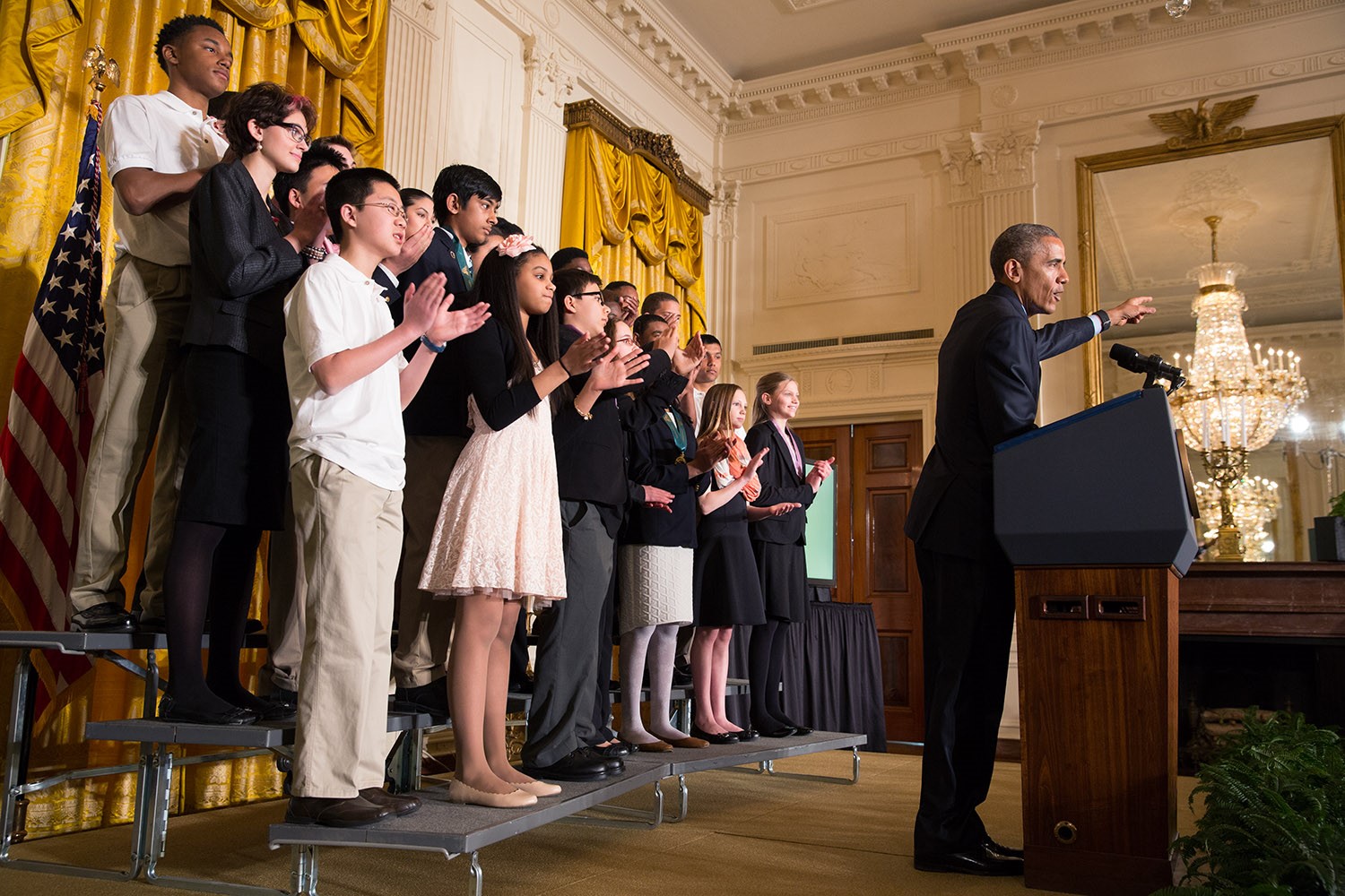 President Barack Obama delivers remarks during the 2015 White House Science Fair celebrating student winners of a broad range of science, technology, engineering, and math (STEM) competitions, in the East Room, March 23, 2015. (Official White House Photo by Chuck Kennedy)