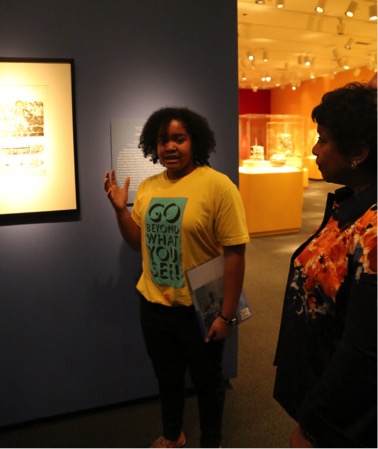 Attorney General Loretta Lynch participating in a youth-guided tour with museum director Dr. Johnnetta Cole at the National Museum of African Art.