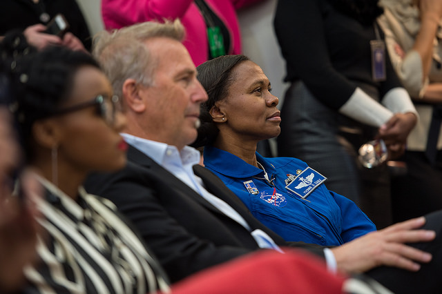NASA astronaut Yvonne Cagle joins cast from Hidden Figures for the First Lady's remarks. (Photo credit: NASA)