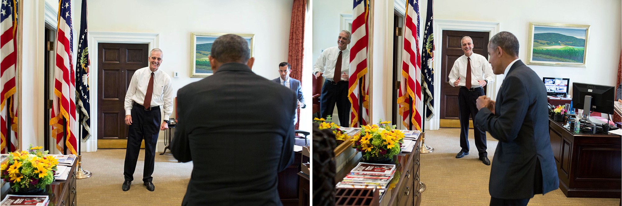 Denis McDonough welcomes the President in the Outer Oval Office. (Official White House Photo by Pete Souza)