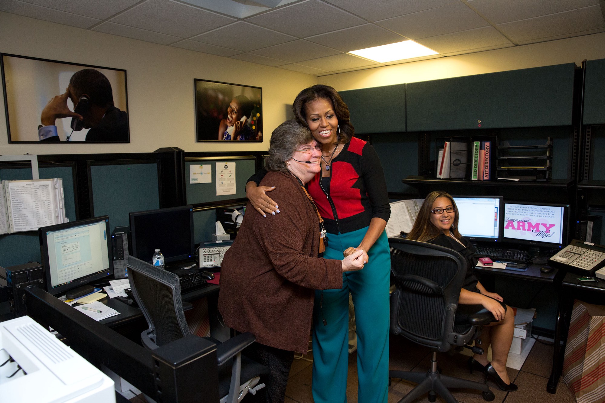 Sept. 16, 2013. At a surprise drop by with the switchboard operators at the White House. (Official White House Photo by Amanda Lucidon)