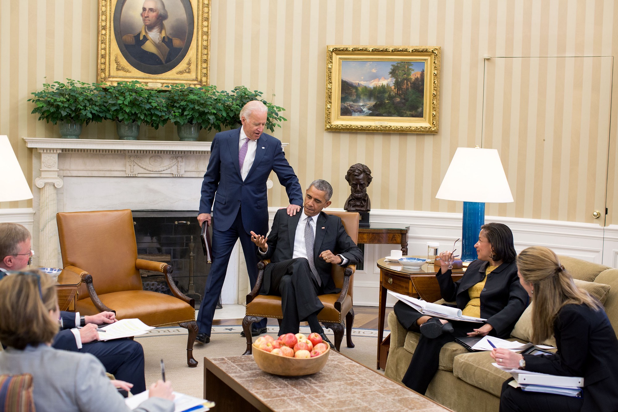 Vice President Biden congratulates the President as he joins the resumed Presidential Daily Briefing. (Official White House Photo by Pete Souza)