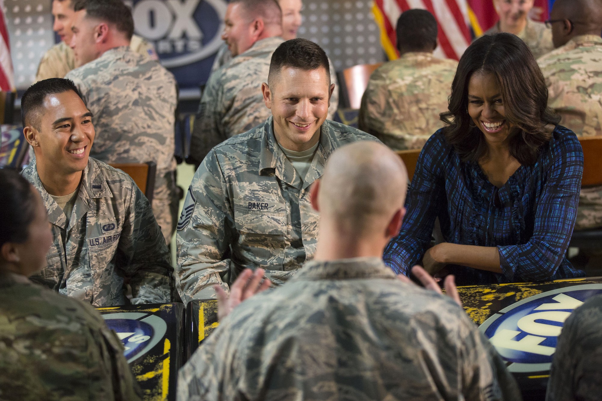 First Lady Michelle Obama participate in a meet and greet with service members, in support of the Joining Forces initiative, at Al Udeid Air Base in Qatar, Nov. 3, 2015. (Official White House Photo by Amanda Lucidon)