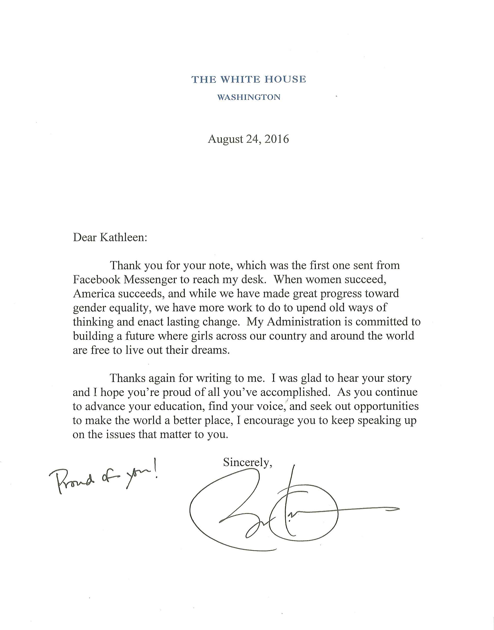 President Obama letter to Kathleen