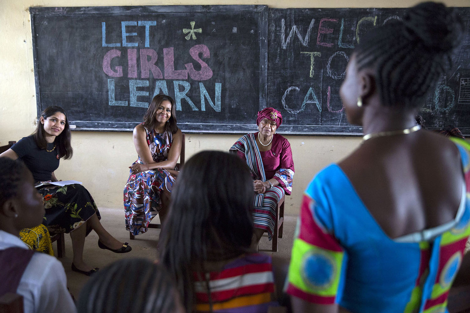 First Lady Michelle Obama participates in a roundtable discussion with Freida Pinto and students