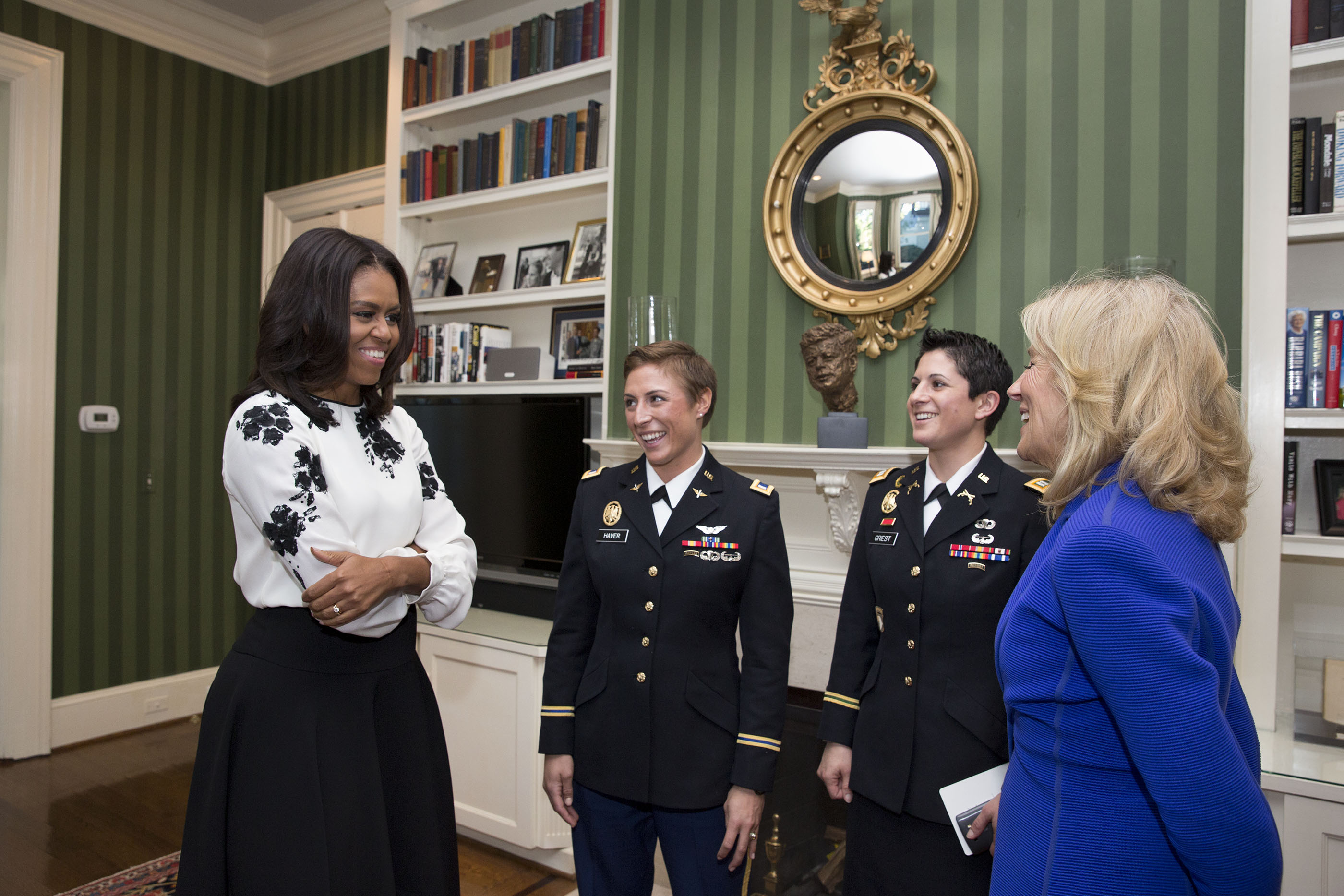 First Lady Michelle Obama and Dr. Jill Biden greet Lt. Shaye Lynne Haver and Capt. Kristen Griest, the first women to graduate US Army Ranger School, at the Joining Forces luncheon on Veterans Day in the Library at the Naval Observatory Residence in Washington, D.C., Nov. 11, 2015.  (Official White House Photo by Amanda Lucidon) 