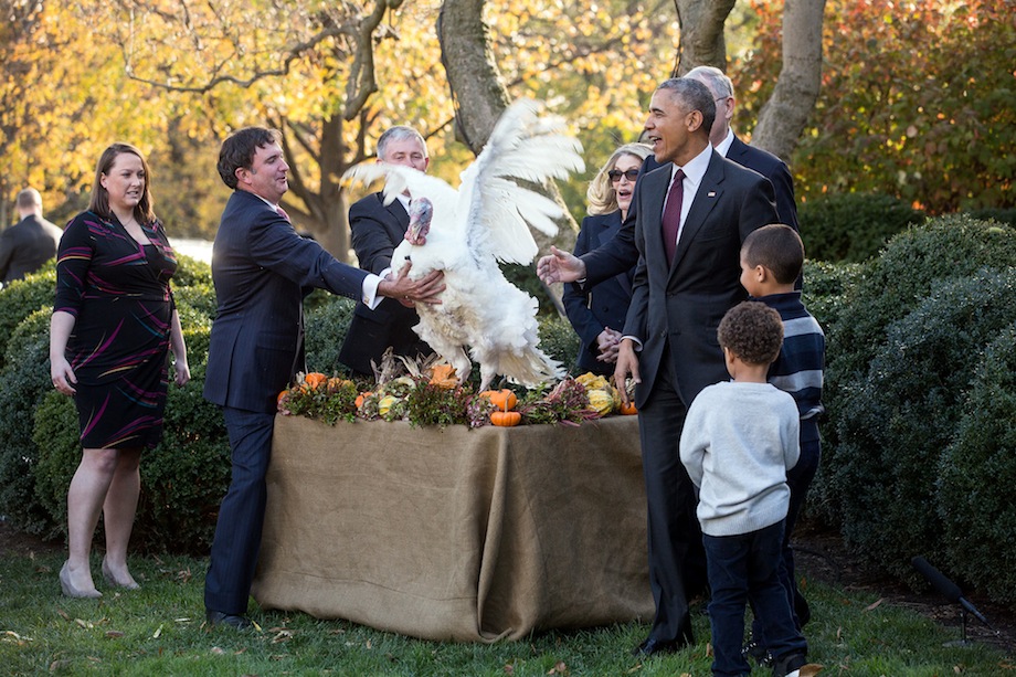 President Barack Obama and nephews Austin and Aaron Robinson watch the National Thanksgiving Turkey, Tater, flap during the pardon of the National Thanksgiving Turkey ceremony in the Rose Garden of the White House, Nov. 23, 2016