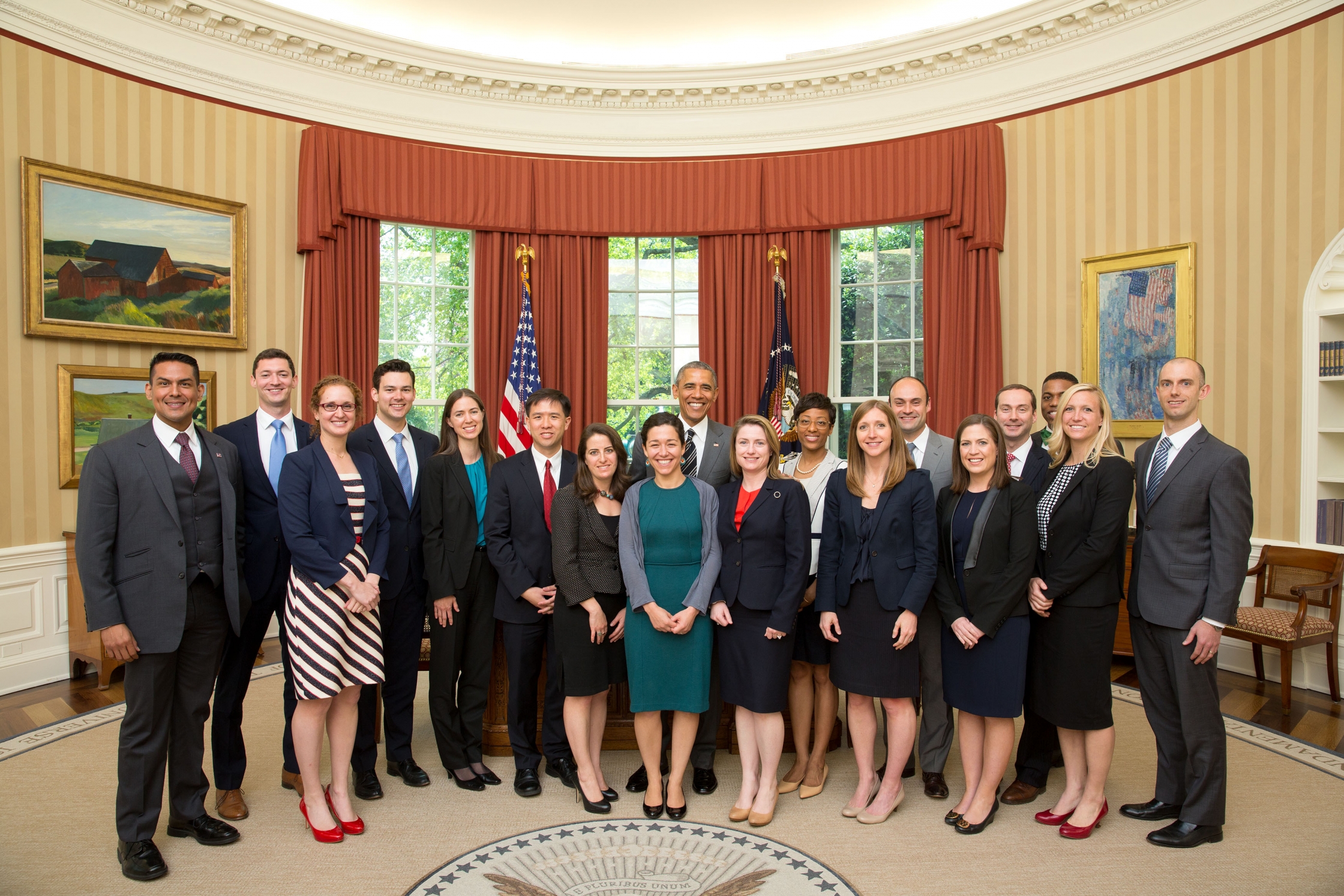 President Barack Obama poses for a group photo in the Oval Office with White House Fellows following their meeting in the Roosevelt Room of the White House, May 7, 2015. (Official White House Photo by Chuck Kennedy)