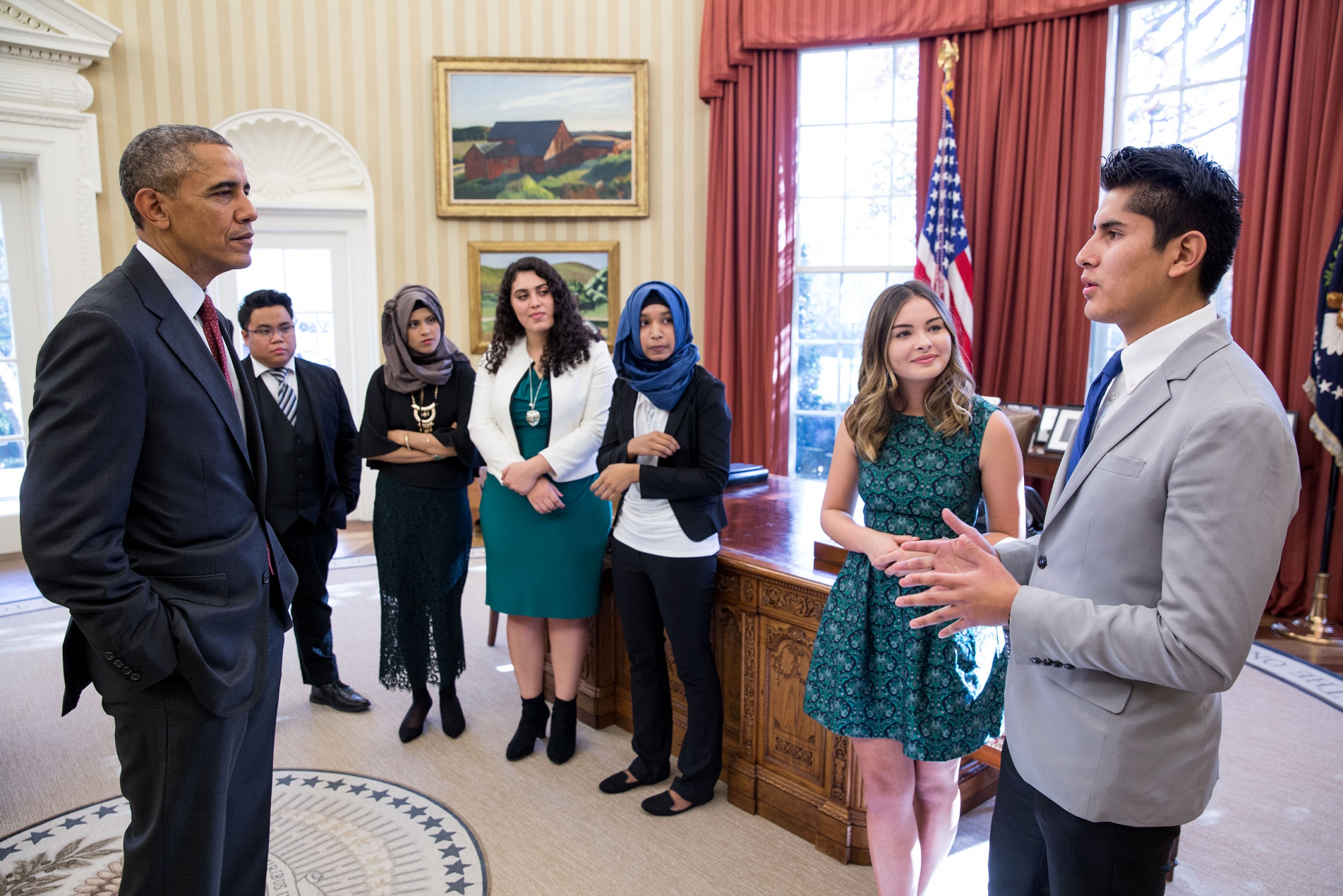 President Barack Obama greets winners of youth entrepreneurship competitions in the Oval Office, Nov. 25, 2015. The President greets from left to right: Joseph Fortuno, Jannatul Rowshan, Crystal Sanchez, Urbana Anam, Rachel Gorgas, and Kenneth Huertas. (Photo Credit: White House/Pete Souza)