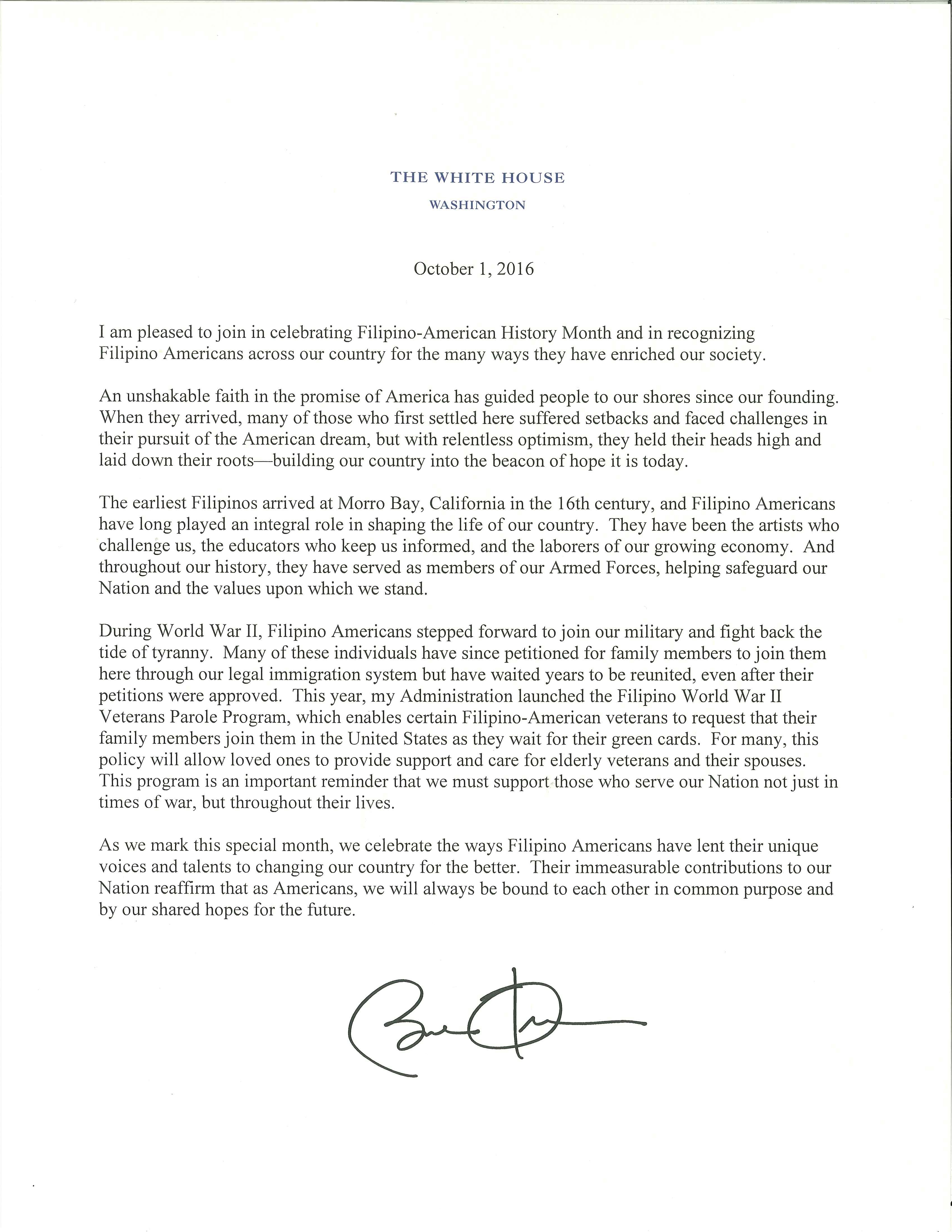 President's Message on Filpino American History Month