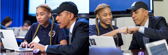 President Obama learns to code during an event at CS Ed Week 2014.