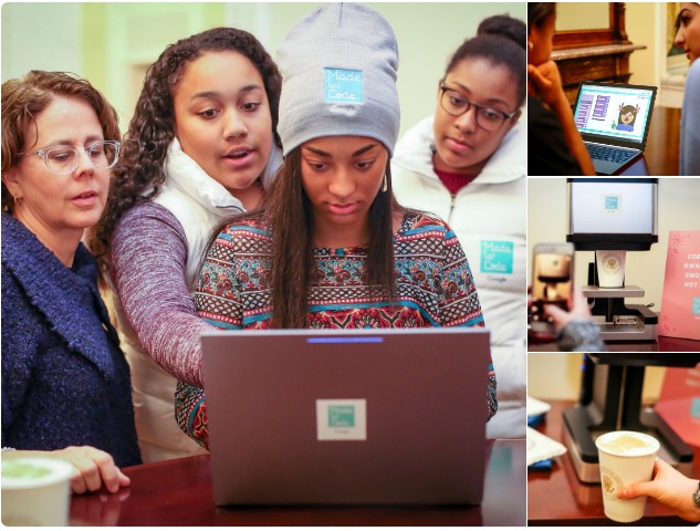 Assistant to the President Cecilia Munoz tried her hand at coding alongside girls from the local NSBE Junior chapter, coding custom holiday emojis that they then ‘printed’ onto hot cocoa.