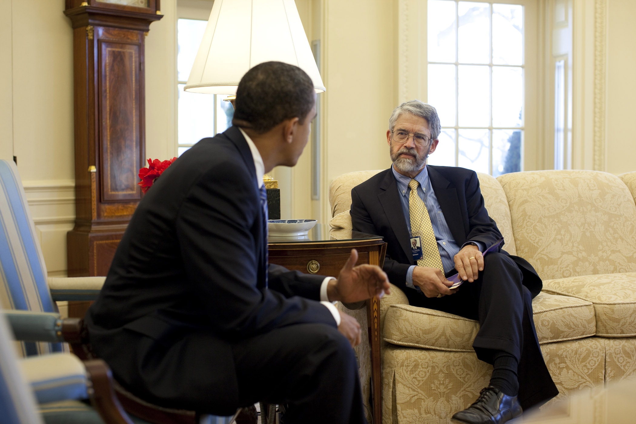 President Obama meets with John Holdren, Office of Science and Technology Policy, in the Oval Office prior to Stem Cell Executive Order "Removing Barriers to Responsible Scientific Research Involving Human Stem Cells" and Presidential Memorandum on Scientific Integrity, March 9, 2009. (Official White House Photo by Pete Souza)